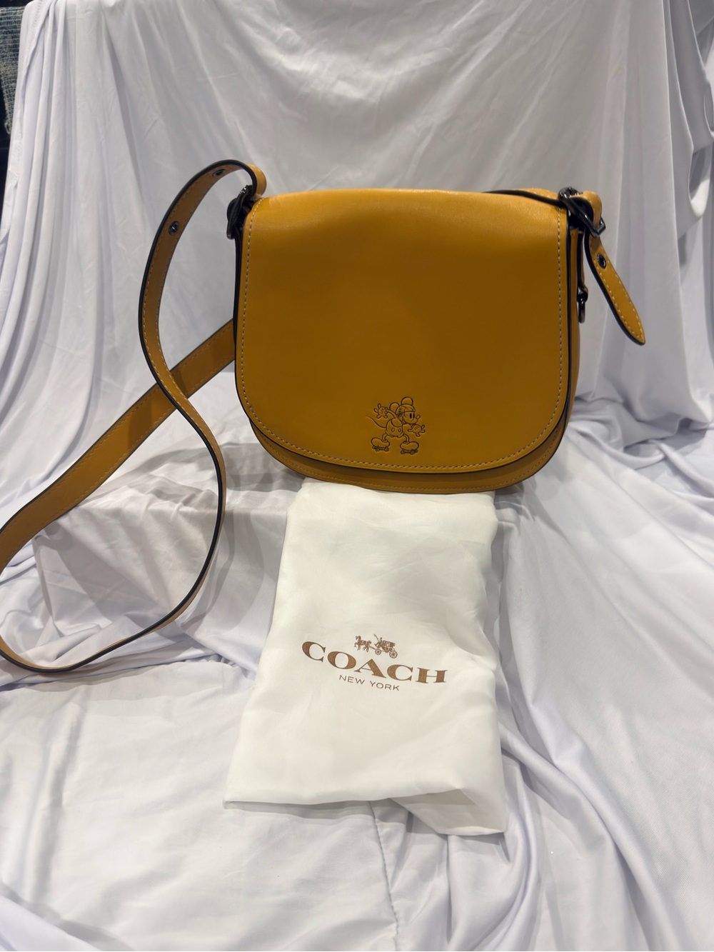 Coach x Disney Mustard Yellow Leather Saddle Crossbody Bag